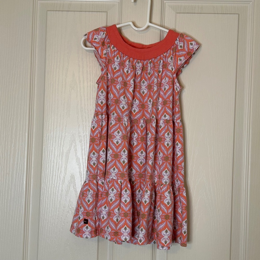 Tea Collection Orange Feather Print Tiered Dress Girls Size 4
